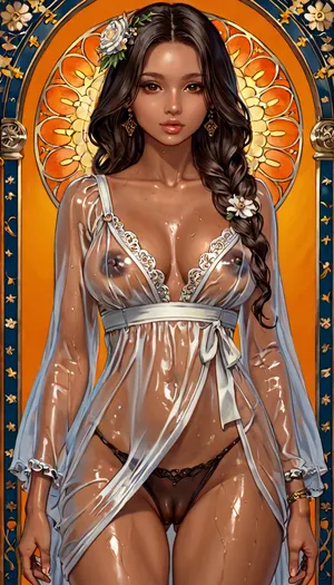 Cute woman, white wet translucent gown, (translucent wet gown:1.5), ultra high quality, unreal engine, hdr, (pussy visible:1.4), dynamic poses, shiny oiled skin, (massive black areola), (dark areolas:1.5), (dark pubis skin:1.4), (in a art nouveau style colourful background:1.4), art nouveau style architecture, (brown eyes), flowers, feathers in hair, (curvy body), colouful, red, blue, green, masterpiece, hyper realistic, standing dynamic side pose, gorgeous woman, nsfw, octane render, UHD, (cameltoe:1.5), 8k, supermodel, face, big, lips, <lora:Beautify-Supermodel-SDXL:.8>