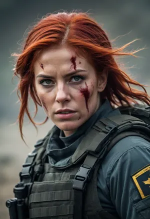 GLAMOUR FEMALE NAVY SEALs FILM POSTER, IN THE STYLE OF EPIC MOVEMENT, SHE HABE FIRERED HAIR, BLOOD ON FACE. DYNAMIC COMPOSITION, CINEMATIC COLOR GRADING, STUNNING, PHOTOREALISTIC, CHAOTIC ACTION, INTENSE EMOTION.