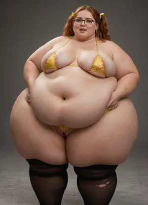 Redhead, two disheveled pigtails, (fat:1.9), 18 year old, (obese:1.9), girl, standing, body to camera, nude, tight pussy, yellow triangle bikini, string patterned panties, (string patterned panties in pussy gap shown), torn tights, extreme flat, wide hips, nerdy glasses, mouth open, flat chested, <lora:flat_chested_v3.5:1>