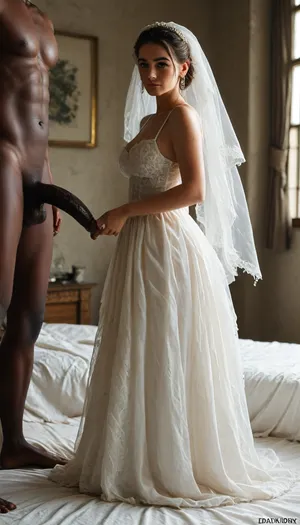 interracial, (super massive extra large black dick), .
A vintage, slightly damaged photograph style of an Iranian bride and groom seated closely on a worn-out bed in a dimly lit bedroom, accompanied by their black skin master standing softly behind them. The bride wears a traditional white dress with delicate lace, the groom in a classic dark suit, and the friend in culturally rich, colorful attire. Warm, low-key lighting casts gentle shadows, creating an intimate, nostalgic atmosphere. Subtle film grain, light scratches, and faded edges add to the authentic aged effect. Expressions are tender and reflective, evoking bittersweet memories and deep connection.










. adjusting, BadX, bad, anatomy, hands, feet, <lora:badanatomy_SDXL_negative_LORA_SeaArtXL_v1:.9>, <lora:MJ52:1>