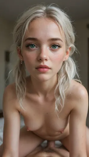 long messy hair, big long eyelashes, (skinny), (18 years old), white hair, pigtails, medium breasts, anal sex, freckles on face, green eyes