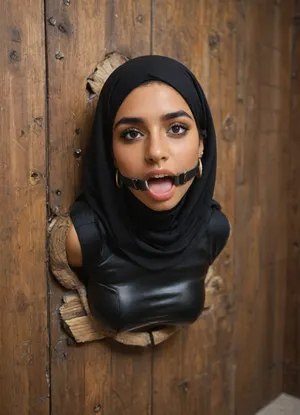 (glory wall:1.3), (bust and head sticking out of glory wall:1.3), (muslim girl trapped in hole in wall:1.5), (stuck in wall up to waist:1.3), massive round silicone tits, latex hijab, black latex gloves, black latex top, (wide mouth spreader ring gag:1.2), alone, (from side), (leaning forward:1.4), horny, happy, eyes closed, wooden wall, (score_9, score_8_up, score_7_up, UHD 8K, masterpiece, best quality, maximum details, natural light, extreme realism, cinematic still)