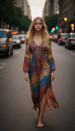 A young blonde barefoot hippie woman in cloured hippie dress in the middle of a big city.