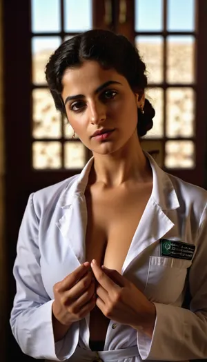 (Masterpiece, 8k, ultra realistic, high quality photography, hdr, High resolution, perfect image composition), A stunningly beautiful female Palestinian doctor from the year 1900, fingering her pussy