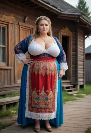 Full body portrait of a Russian beauty oversized bbw milf with oversized thick thighs and large floppy breast, in national costume. old russian village, wooden russian houses. lace filigree of bright, rich color. Super clear, highly detailed watercolor, glaze technique, plus colored alcohol ink.