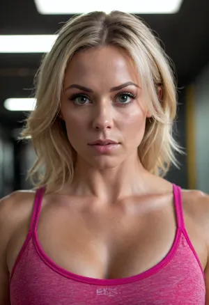 beautiful fitness babe, blonde, 40, <lora:milkers_v2:.8>