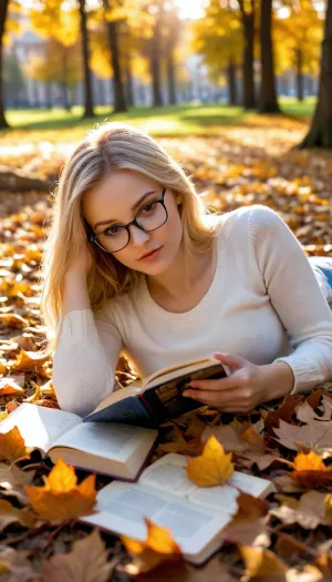 masterpiece. high quality. 8k. hyper realistic photography. 18-year-old young blonde girl lying prone on a mat and reading a book in the park. downblouse. breasts exposed. nipslip. fallen autumn leaves. strong sunlight through leaves. wire frames glasses. high contrast. high saturation. reij-snrs, light, and, shadow, by, <lora:sunriseSDXL-000009:.8>, detailxl