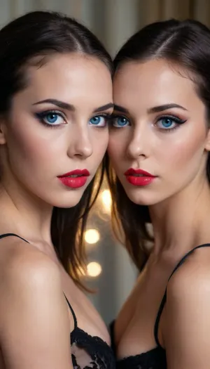 ziprealism, (sexy twins, identical twins:1.8), (medium closeup shot, sharp focus, focus on lips), (adorable women, romantic esthetic, loving eyes, shy expression, bashful pose:1.6), (vibrant blue eyes, extreme eye detail, glistening eyes, catchlights, perfect eyes:1.4), (glossy black hair, thick hair, center-parted hair, stray hair, cascading hair framing face:1.2), shallow depth of field, bokeh background, RAW photo quality, (rule of thirds composition, negative space, symmetry, symmetrical, short focal length:1.2), high fashion, luxurious, extravagant, stylish, opulent, elegance, (low-light, low-key, dramatic lighting, contrasting shadows:1.4), <lora:zavy-cntrst-sdxl:1.5>