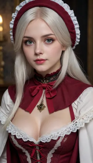 plaindoll, medium longwhite hair, look at me, 17 y.o. young pretty egirl, young pretty face, coquette, young mom, doll joints, bonnet, brown cloak, long dress, red ascot, (close up viev), masterpiece, sexy cleavage, best quality, 8k, Bloodborne, <lora:Bloodborne:1.3>