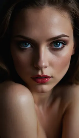 glamorous photo, (dark mood masterpiece Photography:1.2), portrait of a mysterious woman with blue eyes and bold eyeliner, she has sensuous lips, looking seductively, naughty, smirking. The extreme realism focuses on her detailed skin, showing fine textures and natural highlights. photography masterpiece, modern, irresistible beauty, fuzzy lighting, dark mood, unusual composition, use of negative space, (rule of thirds composition), symmetry, mysterious, emotional, flirting, groundbreaking unrivaled opus with unrivaled details, (Pale Yellow color scheme), highly detailed, melancholic, low-light hyper detailed photography, catchlights, style by anton semenov . high fashion, luxurious, extravagant, stylish, sensual, opulent, elegance, stunning beauty, professional, high contrast, detailed