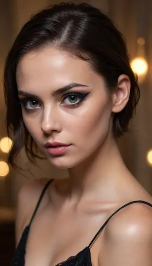 ziprealism, (medium closeup shot, sharp focus, focus on eyes, perfect eyes:1.2), (mysterious woman, dark glamorous esthetic, smokey eyes, sensual, smirking, smug), (glossy black h air, undercut hair, short hair, thick hair, swept back hair style, stray hair, messy hair:1.2), (chiseled cheekbones, delicate face, defined jawline, large doe eyes, bold eyeliner, dimples:1.4), shallow depth of field, bokeh background, RAW photo quality, (rule of thirds composition, negative space), symmetry, catchlights, style by anton semenov, high fashion, luxurious, extravagant, stylish, sensual, opulent, elegance, (melancholic, low-light, low-key lighting:1.4), <lora:zavy-cntrst-sdxl:1.5>