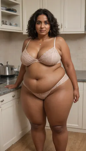 fat, chubby, busty, indian milf wearing bra and panties standing in a kitchen, (dark brown skin), (south indian), (fat tummy), (obese:1.2), (fat legs)