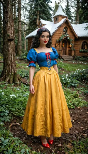 disney snow white, black bobcut hair, blue puffy blouse, yellow long skirt, seven dwarfs, forest, trees, grass, wooden house, medieval, perfect body proportions, long smooth legs, red high heels