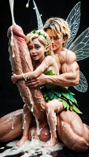 blonde fairy, disney pixar animation style, huge disproportionate head, oversized blue eyes anime style, fairy wings, gigantic monster cock, cock taller than fairy, shockingly gigantic cock, hugging cock, arms and legs wrapped around cock, sitting on giant mans lap, huge load of cum, cum everywhere, fairy covered in cum, excessive load of cum covering face and body