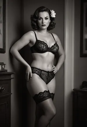 A vintage black and white photograph of a curvy mature milf 40 years old posing confidently. full length body view, She wears an elegance vintage lace underwear, Her hair is styled in retro waves adorned with a floral accessory. The background features soft shadows, adding a dramatic effect to the scene. The overall aesthetic conveys a blend of classic glamour and modern sensuality, evoking the charm of mid-20th century fashion photography., DDpencil, drawing, Retro, pantybriefs, wearing, underwear, thighhighs