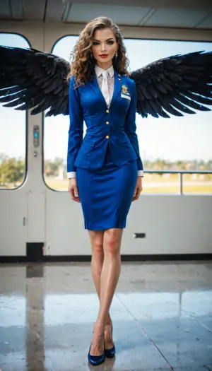 Perfect face, long legs, perfect body, flight attendant on layover, air hostess on stopover, Blue uniform, full body view