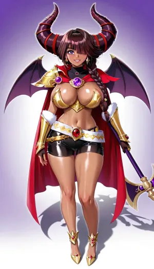 melkor mancin artstyle, (motto haramase honoo no oppai isekai chou ero succubus gakuen:1.3), tawna bandicoot, ("minerva mink from animaniacs"1.9, (varesa from genshin impact" cosplay:1.3), hair covering one eye, (huge braid:1.3), dark magician woman theme, purple eyes, (huge horns:1.3), dark red hair, (dark brown skin:1.3), huge sexy wings, (dark red cropped turtleneck:1.3), gold armor cuirass over chest, sideboob, (dark red cape with white fur:1.3), huge pauldron on single shoulder, (huge gold belt:1.3), black booty shorts, (black stockings:.19), gold armor grieves, (gold armor gauntlets:1.3), fantasy dungeon, dark, holding huge axe, smile, (gold faulds with purple tasses:1.3), blacl sexy wings, full body view)