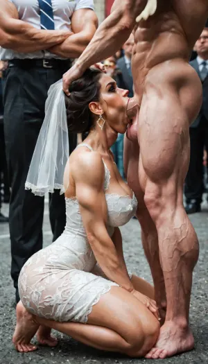 beautiful bride on her knees in front of large crowd sucking massive cock, deepthroat, angry face, the large muscular man is jerking his veiny cock while the woman sucks on the head, the man has his hands in her hair, holding her head while he forces his dick down her throat, balls deep, balls on her chin, many people around, barefoot, cock deep in her throat, throat bulge, massive cocks, hair pulling, eyes wide open