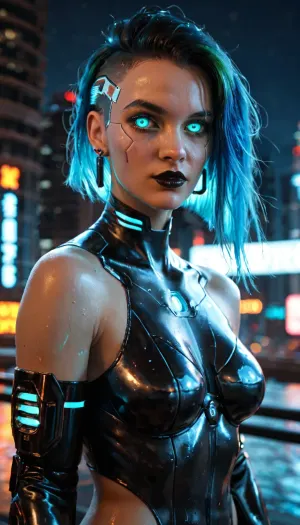 Black lipstick. Oversized futuristic armored gloves. Long glowing cords. City rooftops at night. Black Sci-fi clothing with blue glowing highlights. Cyberpunk body lines