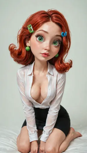 disney pixar animation style, hentai woman, red hair, red hair ribbon, hair clip, galaxy green eyes, huge eyes, bounce lines, long eyelashes, unbuttoned, open clothe, barefeet, full body kneeling