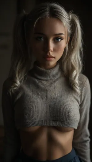 ((japanese girl)), face close up, ((slutty makeup)), beautiful face, (natural perky breasts), tan skin, horny expression, full lips, blue eyes, freckles, grey outfit, ((tiny grey knit sweater)), school skirt, choker, (white pigtails:1.4), ((perfect eyes)), ((Ultimate realistic photo details)), (((dynamic sexy pose))), detailxl, amateur, epiCNegative, <lora:MJ52:1>, <lora:attractive_notrigger:.8>, (black background, chiaroscuro lighting:.5), underboob, eyes shadows, <lora:sunnyrayyxo_v1_SDXLBase:.4>, <lora:dark:.4>