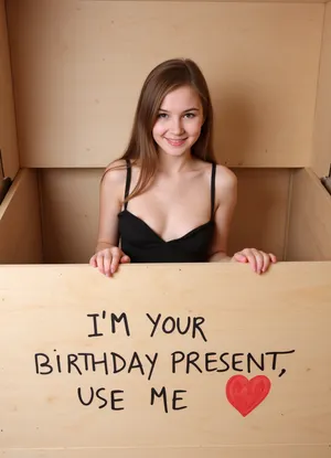 A young woman, petite, minidress, looks out of a wooden box, smiling. On the box is written text "I'M YOUR BIRTHDAYPRESENT, USE ME" and a painted heart.