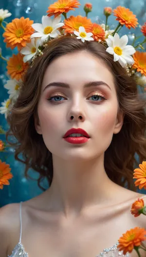 Luminescent Garden Portrait "Create an ethereal portrait of a person with their face tilted upward in serene reverie. Their face should be adorned with delicate glowing summer flower patterns, radiant white gardenias, shimmering golden marigolds, luminous coral cosmos, and ethereal moonflowers that pulse with soft inner light across their skin. Instead of traditional hair, crystalline elements flow like liquid water from their head, creating fluid, transparent streams that cascade upward following the tilt of their pose. These crystal-water formations should have a glass-like quality with prismatic reflections. The subject should have artistic makeup featuring vibrant red lips and subtle decorative details near the eyes, possibly including small pearls or glitter accents. Light the scene with a warm, golden glow that accentuates the elegant angle of their pose against a soft, blurred blue background. The overall mood should feel romantic and dreamy."
