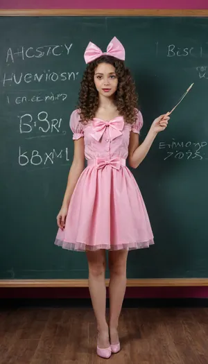 a fairy-tale girl of thirty years old europiodnogo appearance with blue curly long hair, on her head a huge pink bow, but looks in general like a model, she has a pointer in her hand, and behind her back a glass transparent modern blackboard on which inscriptions with marker