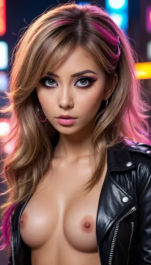 In a burst of fluorescents, a strikingly bold and edgy trashy glamorous gyaru stands out with her intense eyes and goth hip-hop style. The mix of dark and fluorescent colors in her long waist length hair makes for a captivating image, driving home a sense of POP and COOL. This high-quality painting showcases the trashy yet vibrant essence of the glamorous woman, blending flashy girly elements with a rebellious edge.