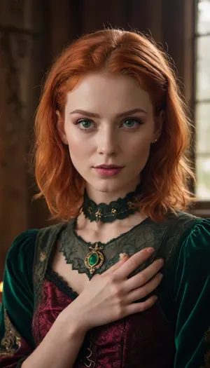 A stunning blonde witch with a short, stylish haircut and piercing green eyes is intensely focused on casting a spell, her slender fingers weaving intricate patterns in the air as a warm, golden light emanates from her hands. Her heart-shaped face radiates a mesmerizing mix of emotions, love, surprise, and shock, as she gazes adoringly at a handsome red-haired man standing nearby, his tall, lean frame frozen in a mixture of fascination and trepidation. The witch's full lips curve into a subtle, enigmatic smile, her smooth, porcelain skin glowing with an ethereal sheen in the dimly lit, mystical atmosphere. The man's bright red hair is unkempt, his chiseled features set in a rapt expression, as if transfixed by the witch's mystical powers. Rich, jewel-toned velvet drapes or tapestries hang in the background, with intricate, mystical symbols etched into the fabric, adding to the sense of ancient, mystical power and romantic tension.