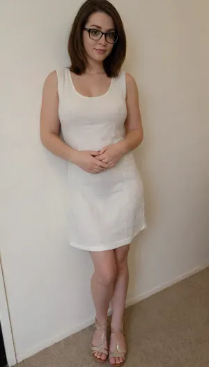 Raw pictures, shy modest curvy woman with glasses leaning against a wall in the office, (thick body:1.2), natural saggy boobs, (relaxed, feminine look featuring a soft linen dress, flat sandals:1.4), bad light, dark light, disheveled hair, hair cut in bob, straight dark brown hair, natural skin, visible pores, freckles, slight acne scars, redness around the nose, and uneven skin texture, high quality, Best quality, realistic, person in the frame but poorly centered, partially cropped out, off-frame composition, head cut off, awkward camera angle, unbalanced shot