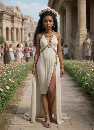 Environment Ancient rome, maximum detailed, (18 years old girl, (she is African top model:1.4), (black skin:.8), (petite:1.2), (young:1.1), (young face:1.4), pretty face, innocent face, dolls eyes, she has lush black hair, (long hair:.9), (wide hip:1.1), (big ass:1.1), curvy hip, ideal round small breasts, wreath of flowers on her head, ((she wearing in ancient rome dress)), she in antique Greek sandals with straps, bronze collar on her neck, bronze shackles on her arms and legs), she stay in crowd people in antique clothes, (((detail people on background wearing clothes like in ancient Rome)))
