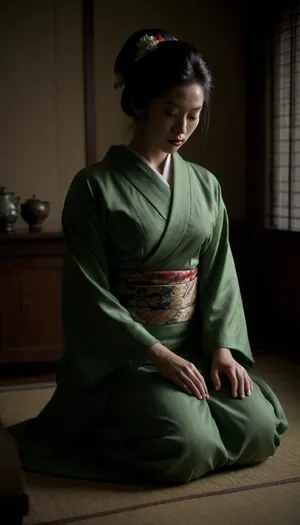 Japanese woman, geisha, kneeling before japanese table, kimono, (undressing), (show nipples), blowjob, samourai, traditional japanese bun, traditonal japanese make-up, traditional japanese house, tea, green, perfecteyes, <lora:PerfectEyesXL:.5>, <lora:add-detail-xl:.8>, <lora:dark:.8>