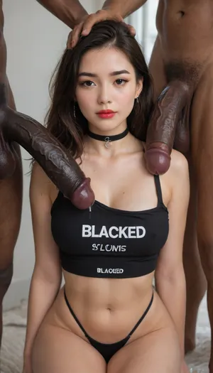 blacked logo shirt, detailed finger, detailed anatomy, detailed face, beautiful face, Korean woman next to muscular African men, extremely beautiful, (((Korean, stereotypical Korean))), long thick eyelashes, eyeliner, mascara, thin lips, red lipstick, close up, octane render, stunning beauty, HD, 4k, soft light, masterpiece, soft shadow, Korean eyes, small nose, button nose, small chest, cheekbones, lean body, super waist, long legs, thigh gap, tight body, busty thighs, thick hips, face, pinup pose, choker, crop top with blacked logo, cleavage, grabbing massive balls, black cock on face, enormous black cock, gigantic black cock, cum dripping from massive black cocks onto her breasts, hyper girth, grabbing her head, black cocks extending down to cleavage, oiled cocks, thickest black cocks, +20, fit, natural breast, evil smirk