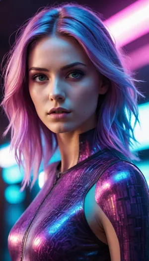 A mesmerizing, high-contrast photograph with a gritty, film-like quality, achieved through the use of negative infrared and cross-process techniques, resulting in an intense, neon-like glow. Ethereal glowing hair. The subject, a model, confidently with blurred, dynamic lines, conveying a sense energy. The model wears a rare, glitch-inspired outfit with distorted, pixelated patterns, evoking a futuristic, Matrix-like aesthetic. The image is captured from a dynamic, low-angle perspective, adding to the overall sense of intensity and drama. The model's features are sharp, with a relaxed, chilled expression, surrounded by a halo of vibrant, glowing light. The image is characterized by bold, vibrant colors with a predominance of blues and purples, adding to the overall sense of futuristic, cyberpunk style.