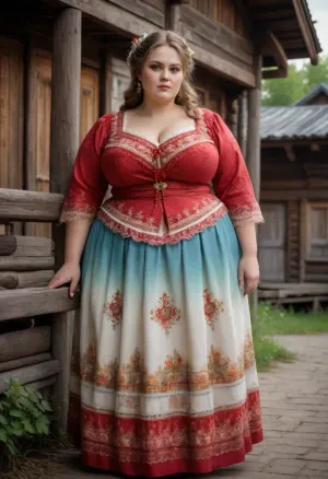 Full body portrait of a Russian beauty oversized bbw milf with oversized thick thighs and large floppy breast, in national costume. old russian village, wooden russian houses. lace filigree of bright, rich color. Super clear, highly detailed watercolor, glaze technique, plus colored alcohol ink.