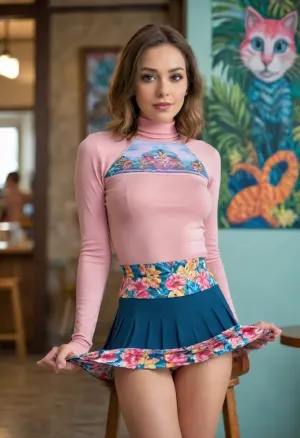professional fashion photography, beautiful supermodel sitting on a stool wearing turtleneck shirt and microskirt, ((extremely short pleated microskirt exposing naked pussy:1.5)), ((long-sleeved turtleneck shirt with artsy print:1.3)), fake background depicting a tropical paradise, props, girl cute, upskirt, skirt, lift, <lora:skirtLift:.5>