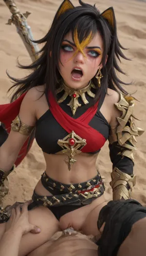Dehya, Genshin impact, standing with her sword, heavy sword, clothes, desert location, red black clothes, Pyro, true Dehya's clothes and weapon, angry face, screaming face, mascara running under her eyes, missionary sex, pussy fuck, creampie