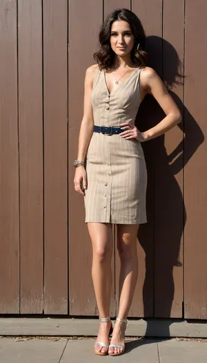 A full-body photo of a tall, athletic and slender Caucasian woman 50 yo with long legs and elegant posture, standing in front of a sunlit wooden wall. She wears a exteme short just below crotch sleeveless summer dress with white and navy blue vertical stripes, deep v-neck, gold buttons, and a feminine, stylish belt. She wears light brown leather strappy sandals with ankle straps and multiple silver accessories, bracelets, rings, toe rings, necklaces and a signature masculine luxury wristwatch, (similar to a Nautilus), . Her feet feature ornamental tattoos across the top and ankle, but not higher than the ankle. She smiles confidently, relaxed and feminine, in a natural pose. Her hair is pixie length, slightly wavy and dark brunette. The sunlight gives her a healthy, glowing skin tone. Realistic light and shadows, no cropping of body parts, iPhone photo aesthetic, <lora:sleeveless_striped_dress_v2:.8>, <lora:long_legs_ideal_proportions:.8>, <lora:silver_jewelry_set_realistic:.8>, <lora:ornamental_foot_tattoos:1>, <lora:leather_wrap_sandals_flat:1>