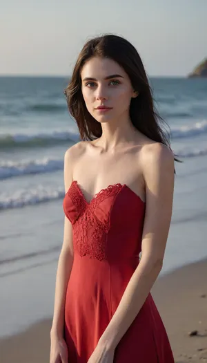 (((The whole body is visible)), (photo taken in class), (((narrow low face))), young face, Super realistic, perfect lighting, (best shadow), 8K, UHD, clear image, (best lighting), highest quality, ultra-detailed images, fine details, high resolution, 8k, (skinny waist), (skinny), Euro-American, (18 years old), bright blue eyes, black hair, straight hair, very detailed face, blush, white skin, in red dress, standing on the beach)