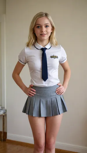 18yo blonde ema mayers school uniform, with arms lifted her skirt up and reviel her white panties, cameltoe, on porno casting, full body wiew, <lora:Enid Sinclair (3nid5) SDXL:.8>