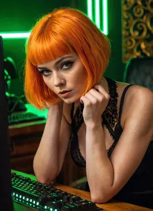 (goth:1.1), woman, sitting, at, computer, desk, nude, (short bright orange hair:1.4), bangs, detailed, eyes, beautiful, hands, orange, nails, realistic, keyboard, (dark bedroom), (green neon lighting)