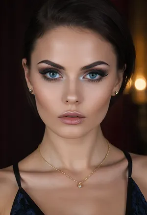 ziprealism, (medium closeup shot, sharp focus, focus on eyes, perfect eyes), (mysterious woman, dark mood, glamorous esthetic, piercing eyes, smug expression, mesmerizing eye contact:1.6), (vibrant blue eyes, extreme eye detail:1.4), (glossy black hair, undercut hair, short hair, thick hair, swept back hair style, stray hair:1.2), (chiseled cheekbones, delicate face, sensual lips, defined jawline, bold eyeliner, dimples, flawless porcelain skin:1.4), shallow depth of field, bokeh background, RAW photo quality, (rule of thirds composition, negative space, symmetry, symmetrical:1.2), black v-neck dress, slightly leaning forward, symmetry, catchlights, style by anton semenov, high fashion, luxurious, extravagant, stylish, opulent, elegance, (low-light, low-key, dramatic lighting:1.4), <lora:zavy-cntrst-sdxl:1.5>