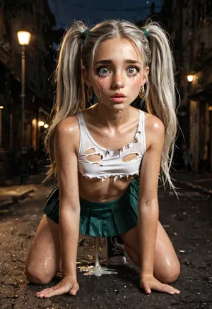 18 years old Caucasian, Italian girl, long pigtails platinum blonde hair, perfect girl model, little body, tiny body, freckles, full lips, big eyes, innocent look, crying with pain, crying, hurt, sweaty, scared expression, small breasts, clothes torn, wearing tight crop top, ripped showing her perky tits, pleated micro skirt down, sneakers, behind fucked, dogstyle fucked, hardcore fuck, being fucked by a giant monster ogre with huge cock, in an abandoned street at night, creampie, cumshot, anal, lot of cum, good lighting, high resolution, lights