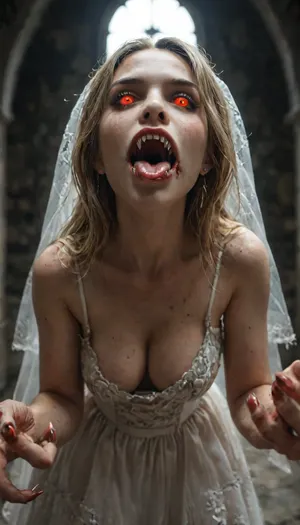 masterpiece, score_9, score_8_up, score_7_up, 1girl, from below, beautiful sexy terrifying vampire woman in a wedding dress leaning over the viewer inside a dark room at night, medium shot, (standing and lunging forward with claws out), threatening pose, stunning pale white-skinned vampire woman with long flowing blonde hair, slender tall body, ghastly pale pale white skin, (blood-soaked mouth with vampire fangs dripping blood:1.2), (((very very long vampire fangs:1.5))), ((bright red glowing eyes:1.4)), hungry expression, large natural breasts, ((wedding dress)), cleavage, inside a very dark room with stone walls at night, dim lighting, very aesthetic, subsurface scattering, decaying skin texture, rotted skin texture, detailed skin texture, skindentation, vampire woman, insane level of detail, horror, scene, dark, glowing, eyes, rooms, girl, gore, downblouse, nipslip, <lora:Mistress_of_the_night-000016:.5>, <lora:3cfdf102b8e09e99ae7eb77b194d9459:1>, <lora:MJ52:1>, <lora:RealDownblouseXL2:.2>