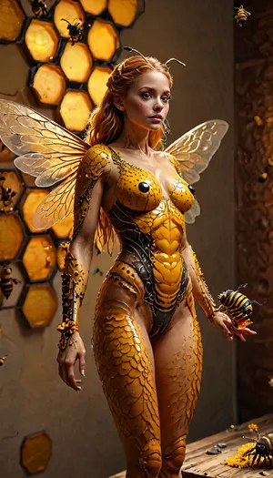 (masterpiece), (ultra realistic:1.8), (8k), (ultra high quality), (detailed:1.23), unforgettable, impressive, Three-dimensional, dim volumetric, full body view, epic, gorgeous, (german ginger girl), (humanoid transforming in bee:1.5), insect wings, six insect digits, relaxing inside a huge beehive, masturbating while covered in honey, honeycombs in hand, insect, yellow and black, huge boobs, pussy, bee wings, antenna, Insecthybrid, skin covered with, honey, (dark theme), vibrant colors, high contrast, perfect composition, cinematic lighting, taken by professional photographer, award winning photo, warm ambient, dramatic, rays of the sun, blissful, radiant, divine presence, (large breast, volumetric shadows, no arms, (armless:1.2), upper body, yellow glowing, neon:1.2), masterpiece, best quality, highly detailed, sharp focus, dynamic lighting, large breasts, naughty look, pov, (full body view:1.3), disgraced, (blush), girl, bee, flower decorations, <lora:InsectHybridSDXL:1.9>, <lora:HoneyCoveredXL_v1:.9>, <lora:PAseer-SDXL-AcceleratorLighting:.4>, <lora:324711_training_data:.8>, <lora:detailed_notrigger:.8>