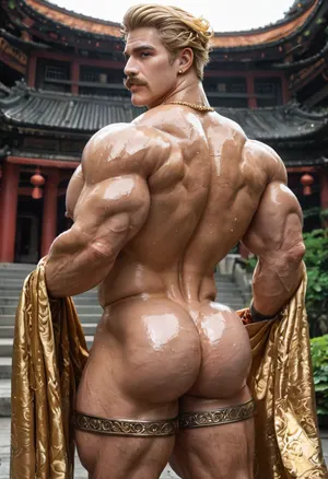A beefy bara blond macho male, 30-years-old, beefy muscular bodybuilder, (muscles:1.3), clear blue eyes, short blond hair fun style, (blond hair:1.5), (big pecs:1.4), (big booty:1.6), clear blond full thick mustache, oiled body, (big ass:1.5), ancient chinese emperor, back, emperor, black and gold robe, heavy eye makeup, dark eye makeup, naked chest, showing abs, open chinese gold robe, gold decorated robe, mianguan, chinese imperial crown, wearing ancient chinese crown, smooth, oiled, golden jewerlys, (necklaces, bracenets, arms bands), bare feet, big booty, (big booty:1.5), chinese decorations, gold cockring, fat flaccid veiny cock, beautiful cock ring, outdoor chinese garden, solo picture, only gay male, hot, teasing man, front view