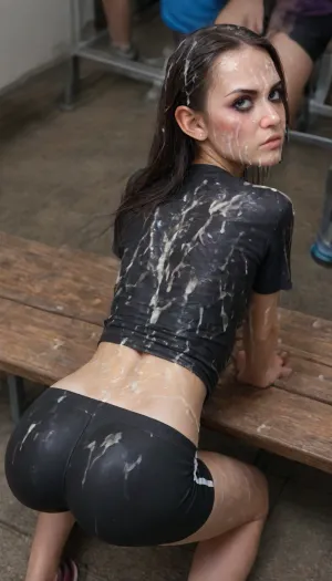 Very pretty 18 year old girl, cute, (young:1.7), (1 girl), (solo), half mexican, half british, (very skinny), (very skinny thighs:1.6), skinny legs, narrow hips, small butt, tiny firm butt, athletic, long straight black hair, (long hair), (((view from above and behind))), in gym, (bent over), she's bending over a bench, showing you her ass, she's looking over her shoulder at you, halfway through a squat, running shorts, black shorts, tight t shirt, dark blue t shirt, small curvy butt, (cum on her face), cum on ass, (facial:1.8), (cum:1.8), (bukkake:1.8), (angry), crying, running mascara