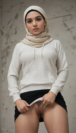 A beautiful korean woman in the middle of a busy Gangnam city wearing ivory hijab, scarf, undercap, ivory hoodie, braless, long straight hair, detailed face, thick eyelashes, pointy nose, sparkling eyes, expressive, lifting black short skirt, pulling down white panties, revealing tiny pussy, thick pubic hair, red glowing clitoris, dynamic pose, dynamic angle, detailed background, high contrast, low saturation, candid photography