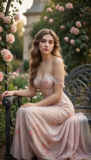 Rating_explicit, ultra realistic photo of a beautiful woman sitting on an ornate vintage bench beside a blooming rose bush in a floral garden, wearing a semi-transparent flowing silk dress, one shoulder bare, soft natural curves visible through fabric, dreamy expression, long wavy hair styled loosely, modern high-resolution DSLR photography, golden hour lighting, shallow depth of field, in the background a wrought iron arch with flowing art nouveau patterns inspired by Alphonse Mucha, soft pastel colors, floral abundance, ethereal and elegant mood, cinematic atmosphere, professional editorial fashion photo, 8k realism